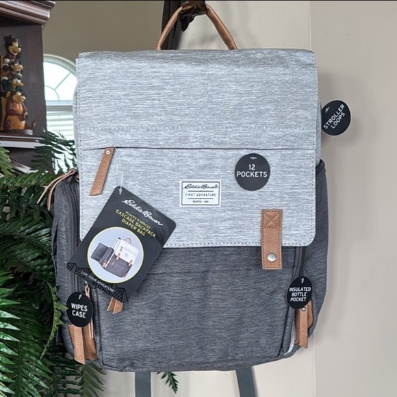 Brand New Eddie Bauer Cascade Back Pack Diaper Bag Two Tone Gray Organizer - Picture 1 of 16